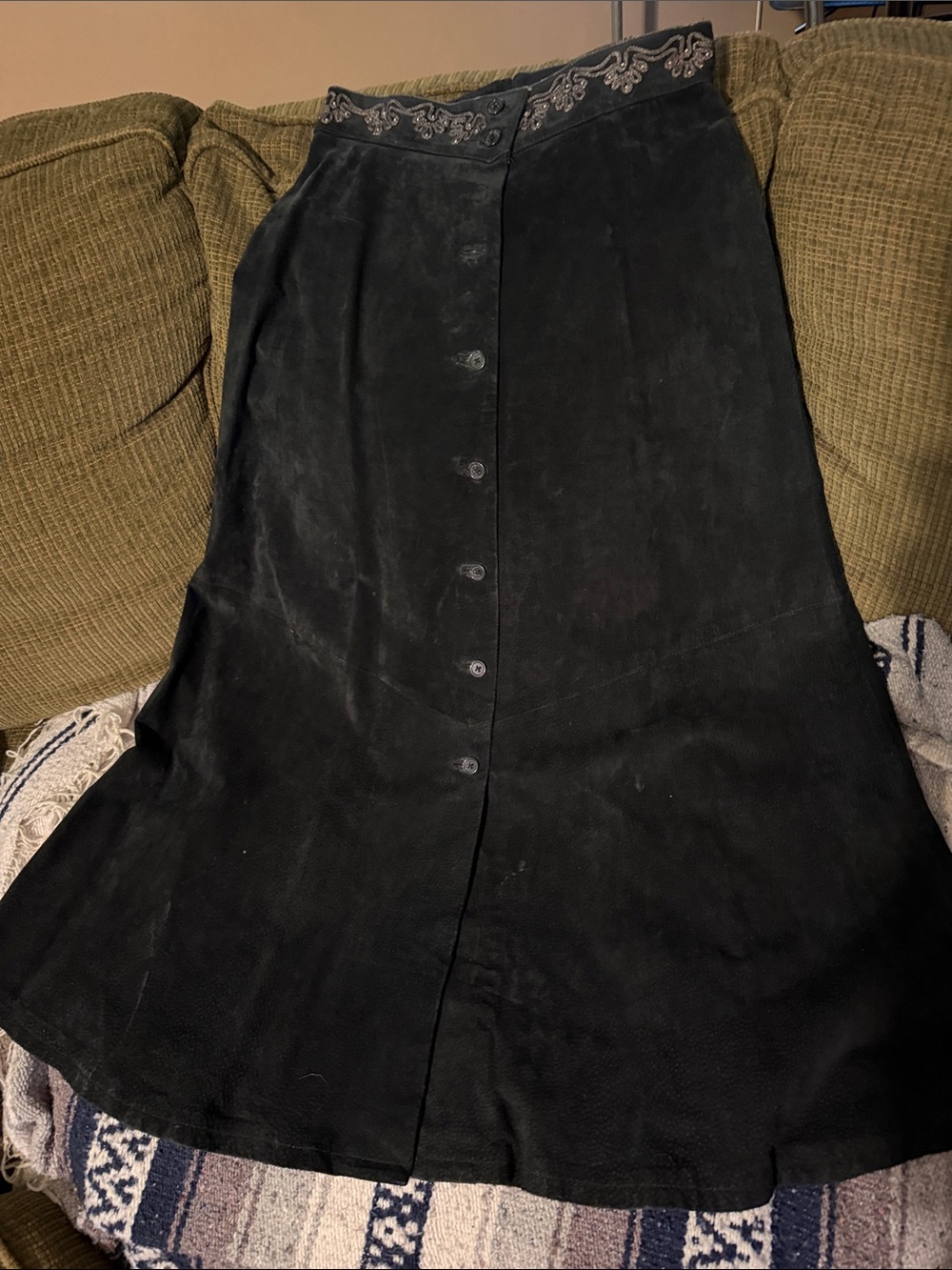 Scully Black Leather , LinedButton-Front A-Line Skirt with Embroidered Waistband